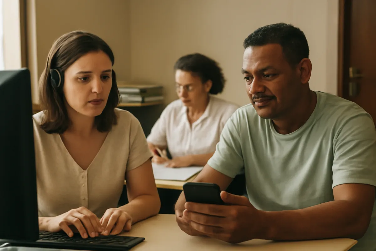 Atendente e beneficiário conversando em um escritório, com equipe organizando o atendimento