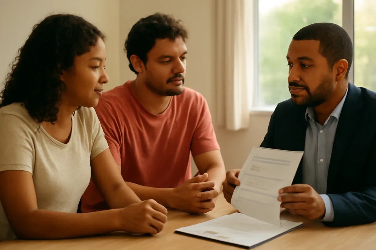 Corretor orientando um casal brasileiro sobre opções de plano de saúde
