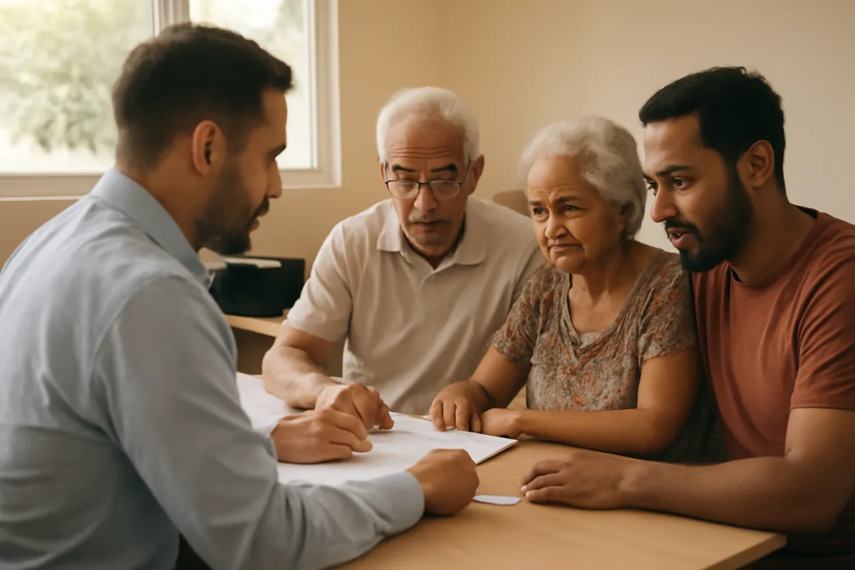 Família brasileira conversando com corretor sobre plano de saúde para idosos