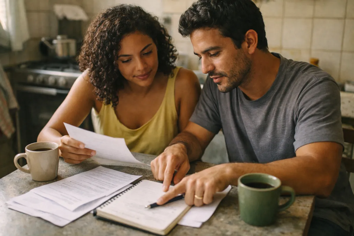Casal jovem sentado à mesa da cozinha comparando documentos e anotações