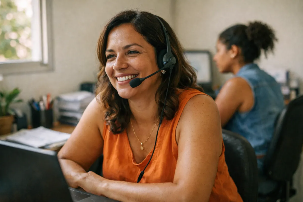 Corretora de plano de saúde sorrindo ao atender um cliente pelo fone de ouvido no escritório