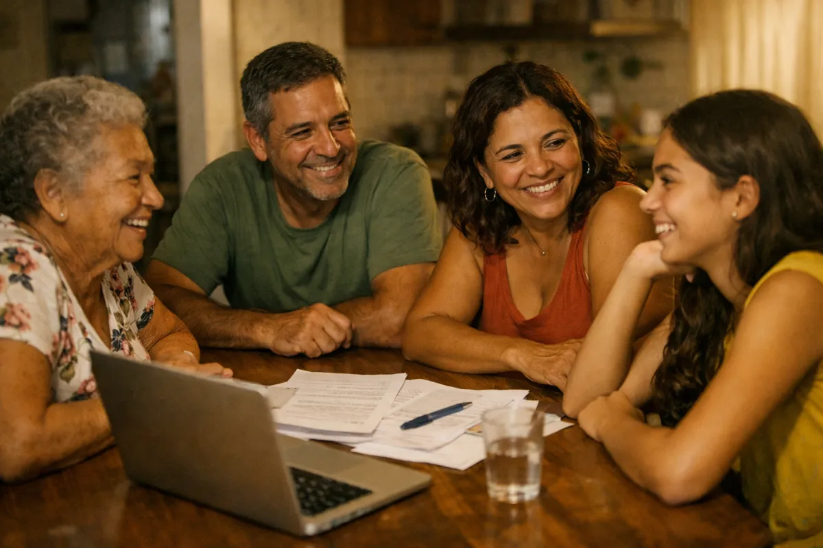 Família reunida à mesa conversando sobre as opções de plano