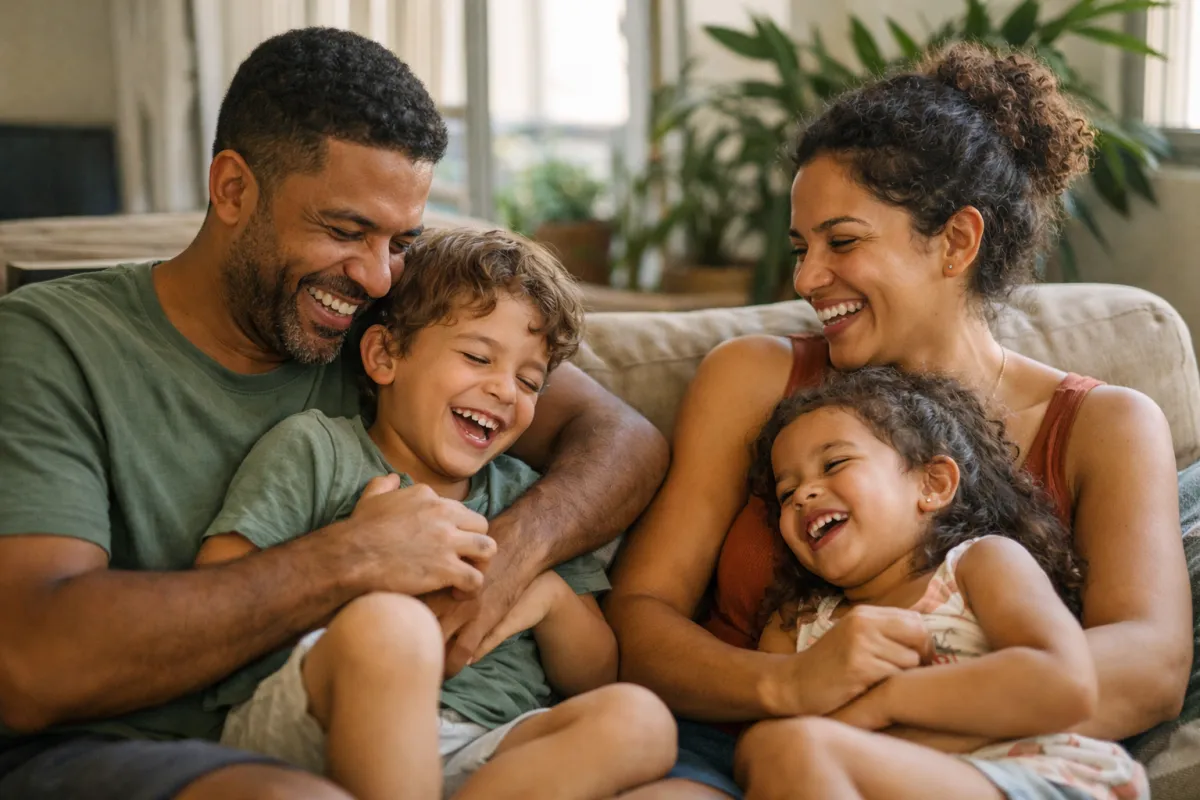Pai, mãe e dois filhos sorrindo juntos no sofá da sala, com luz natural da janela