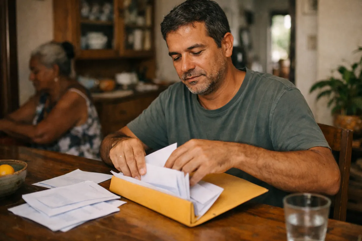 Homem organizando exames e receitas na mesa de casa