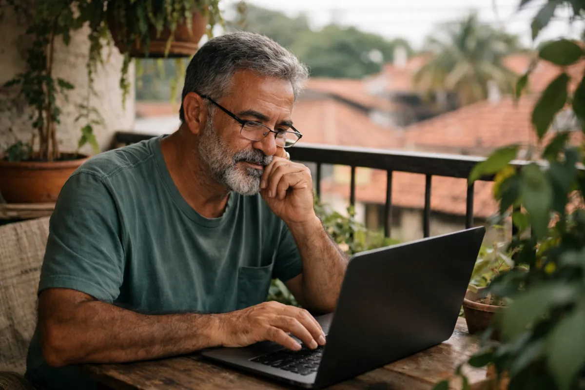 Homem de meia-idade pesquisando no notebook na varanda de casa