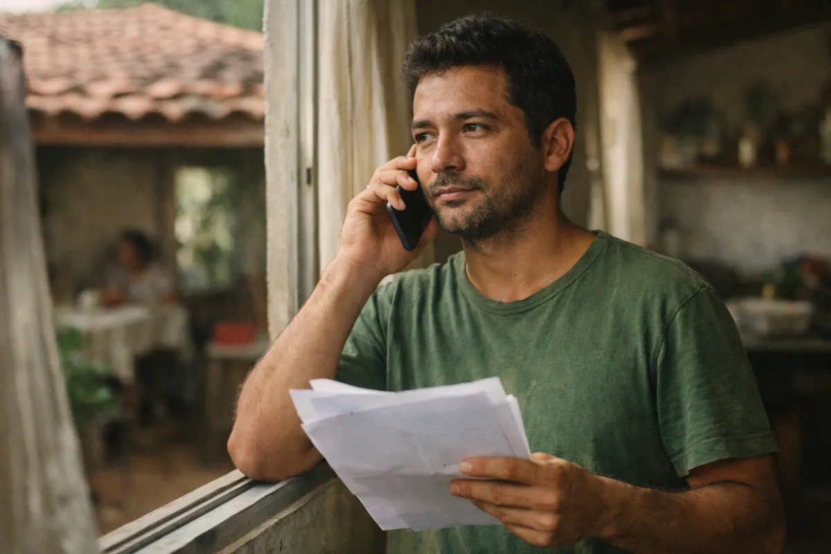Homem ao telefone, pensativo, com papéis na mão