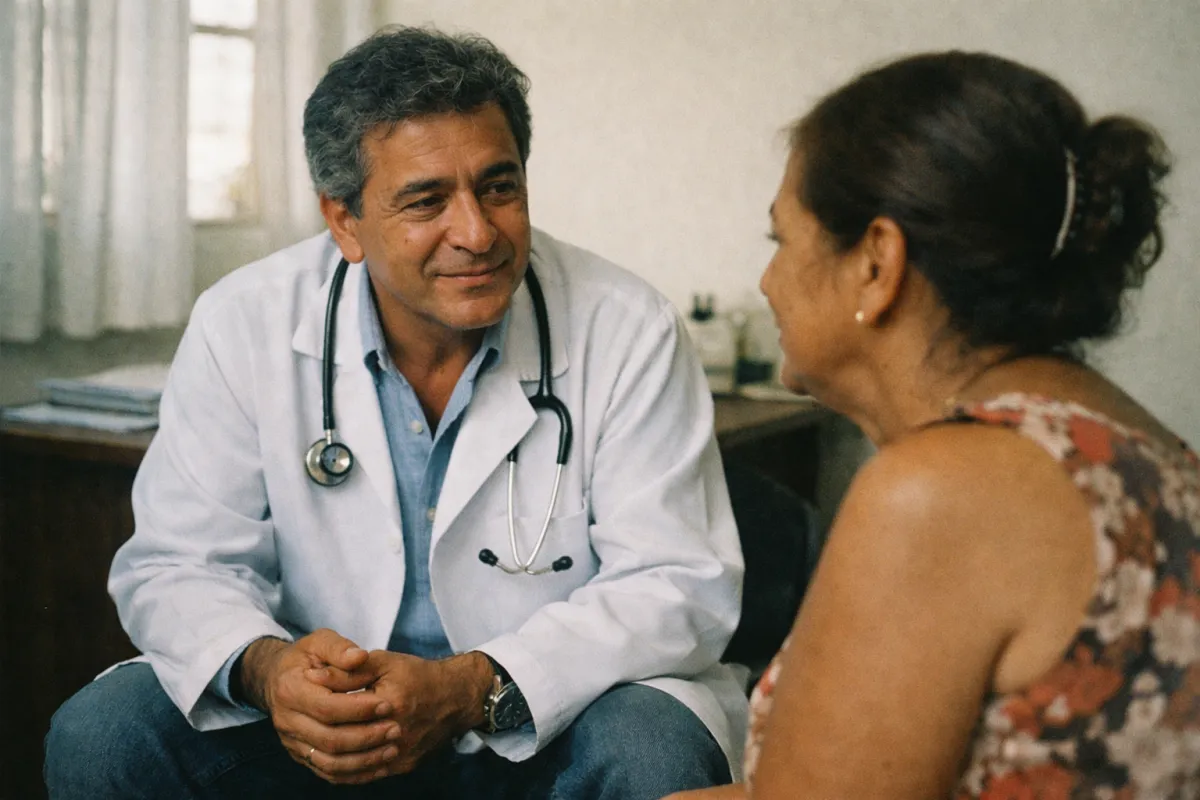 Médico conversando com um paciente no consultório, ambos sentados