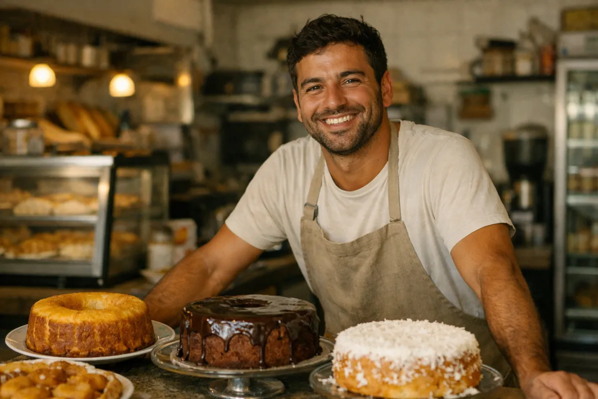 Empreendedor sorrindo no balcão da própria confeitaria