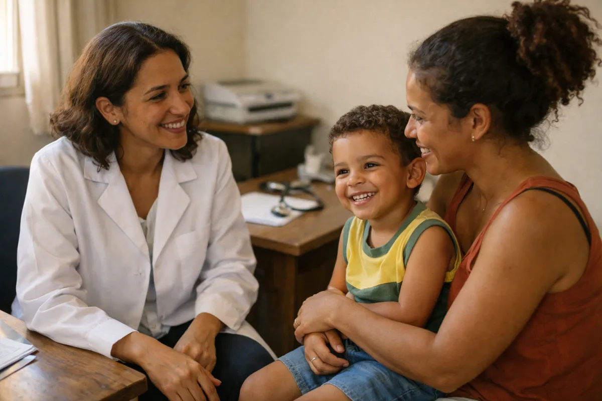 Pediatra conversando com uma mãe e o filho pequeno durante a consulta