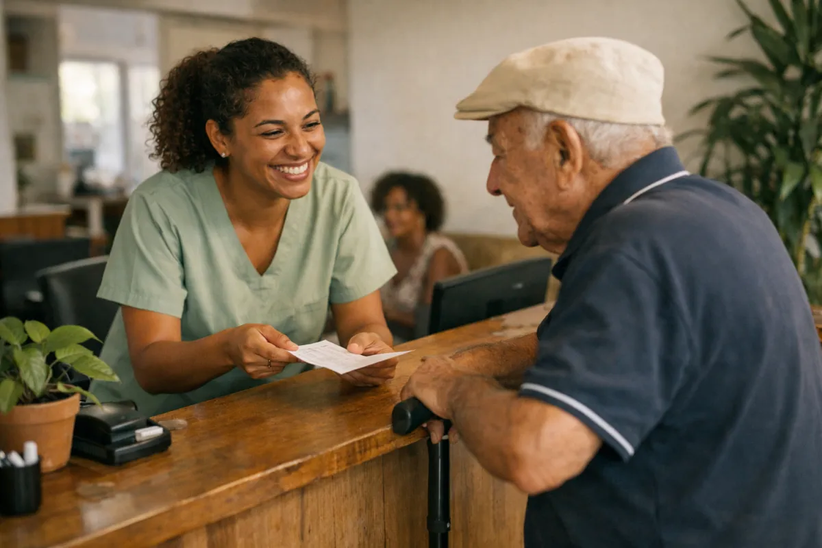 Recepcionista atendendo um paciente idoso no balcão de uma clínica